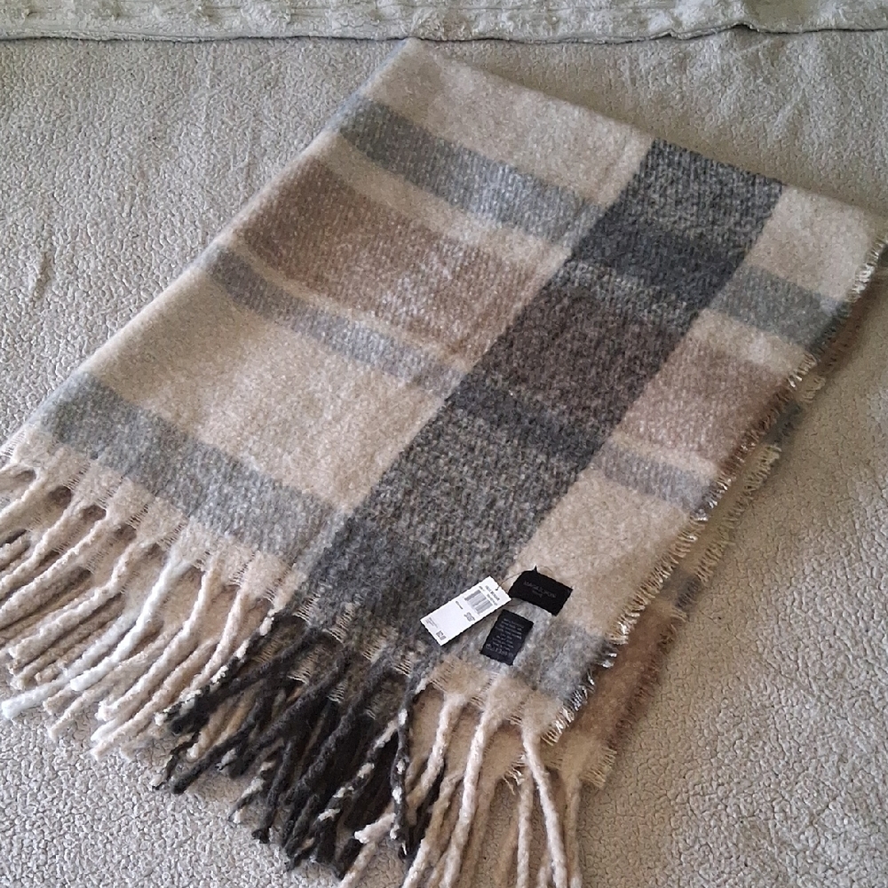 New Magaschoni Cream and Gray Plaid Throw